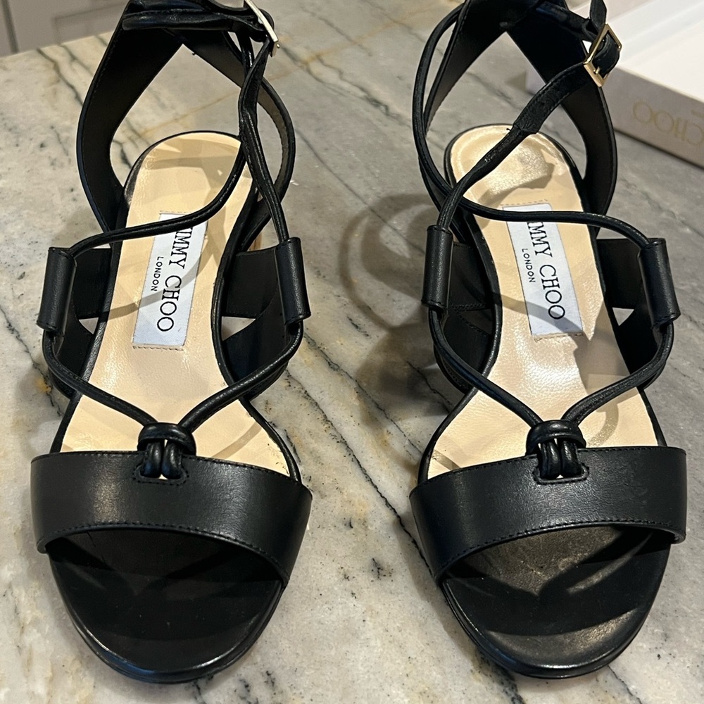 Jimmy Choo Black Heels with Strappy Design and cork Heel